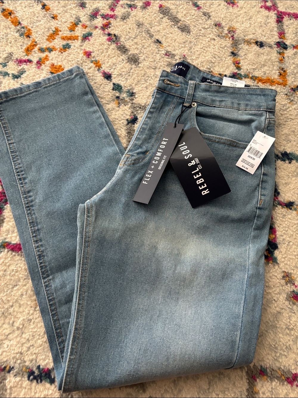 Rebel & Soul Men's Slim Straight Jeans in Light Blue Wash